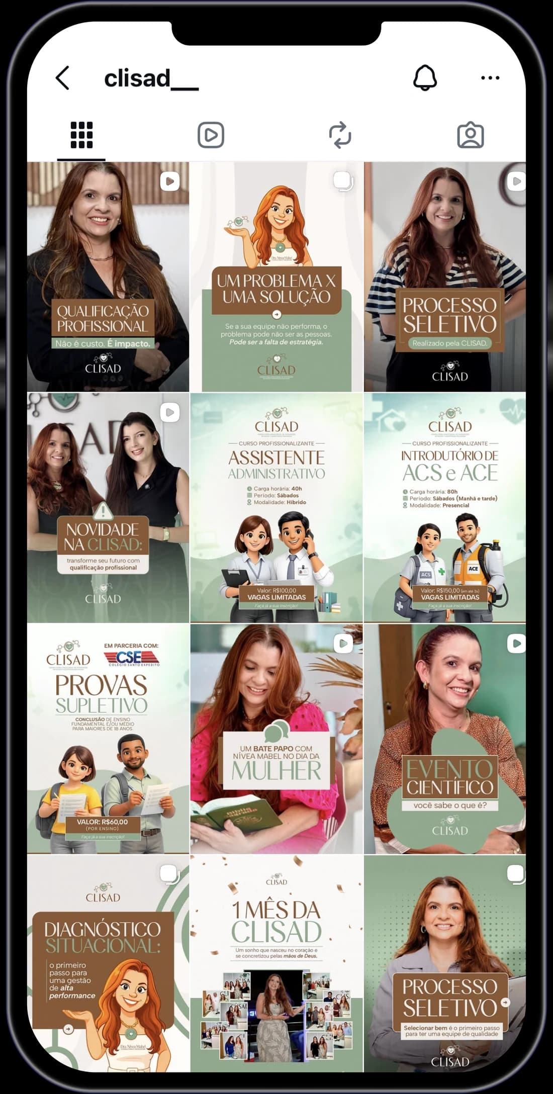 Perfil da CLISAD com uma sequência de conteúdos produzidos para a marca